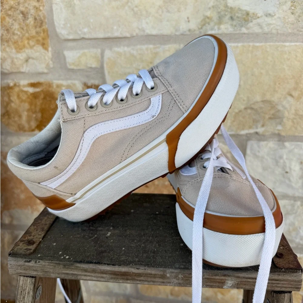Vans Old Skool Stackform Khaki Tan Gum Sole Platform Sneakers Men 4 / Women 5.5 - Picture 3 of 11